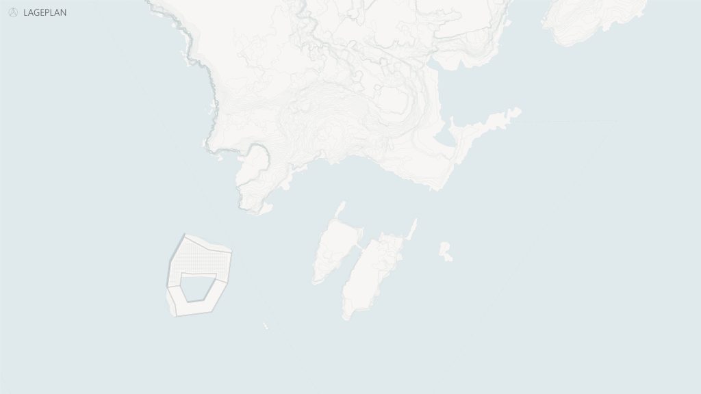 Eine in Archicad erstellte Karte zeigt ein Küstengebiet mit zwei Inseln und einem fünfeckigen, vorgelagerten Bauwerk, bei dem es sich möglicherweise um ein schwimmendes Museum handelt, im unteren linken Teil des Bildes. Das Kunstwerk wurde von Sarah Klinke inspiriert.