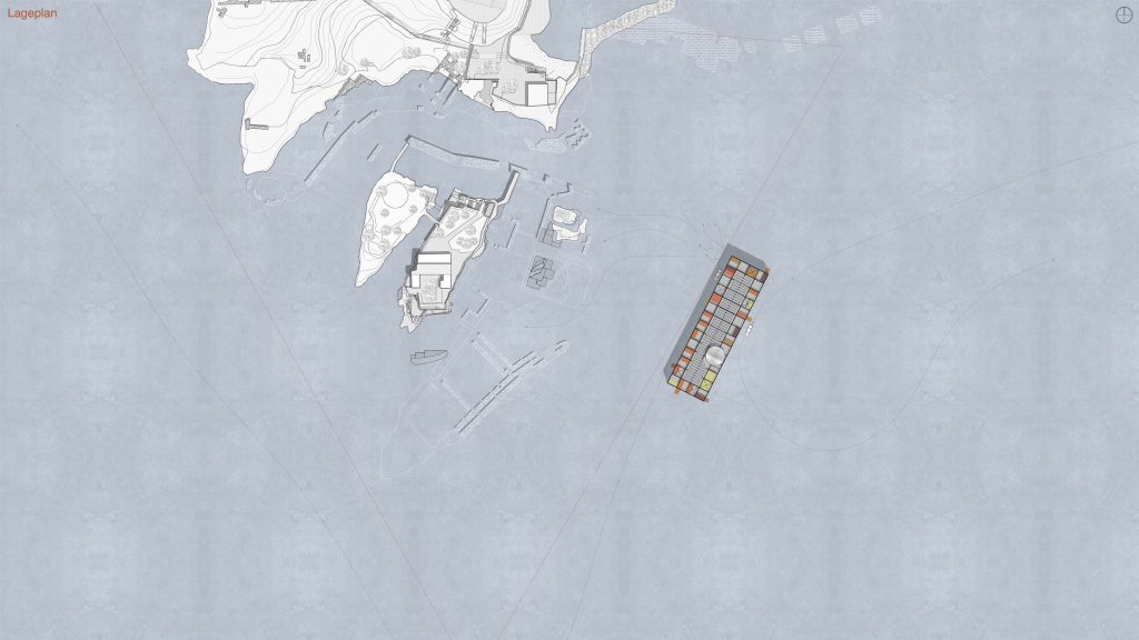 Ein architektonischer Lageplan von oben nach unten in Archicad zeigt Küstenlandschaften, bebaute Strukturen am Ufer und ein rechteckiges Raster des Museums in Containern, die im Wasser positioniert sind.