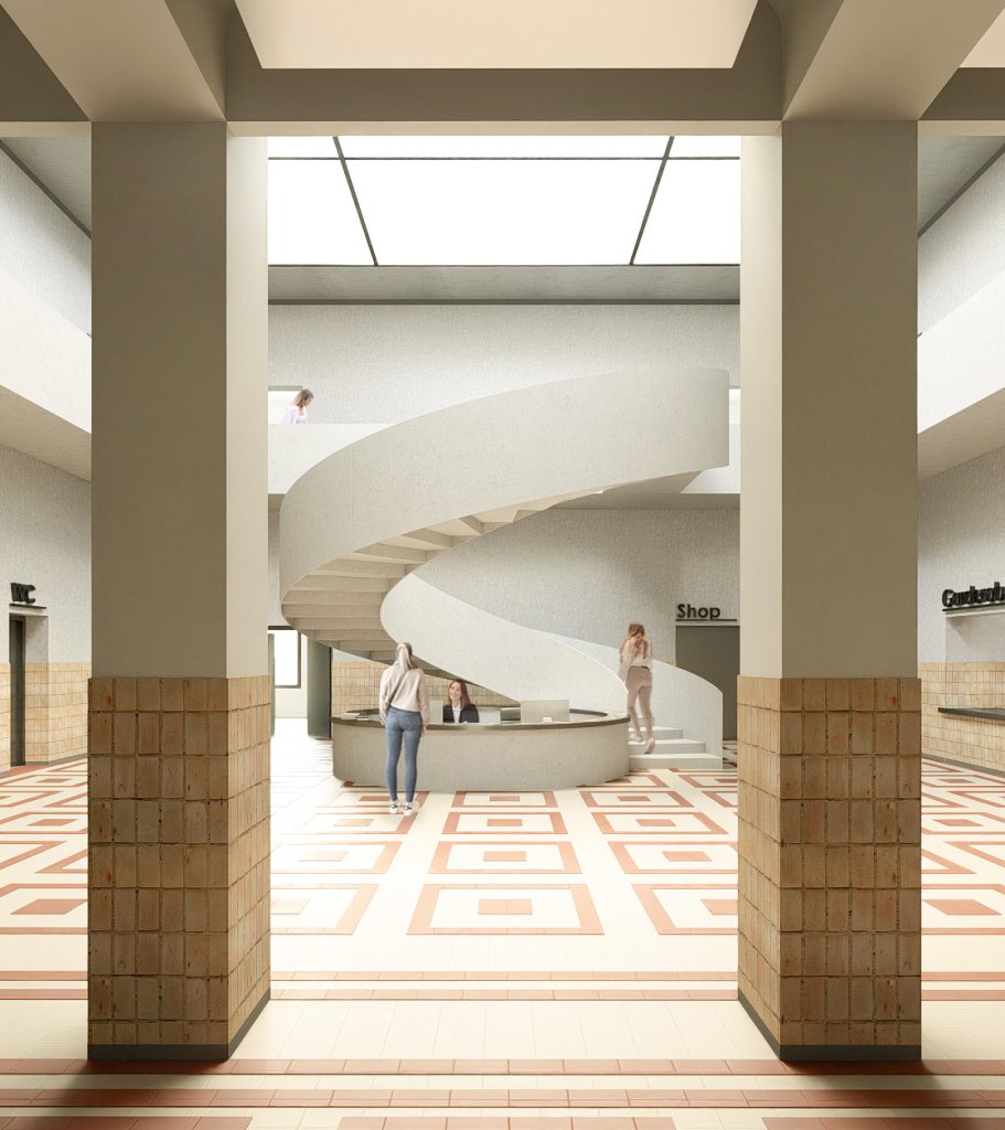 Eine moderne Lobby mit geometrischen Bodenfliesen, einem runden Empfangstresen und einer großen weißen Wendeltreppe; mehrere Personen sind im Raum anwesend, was die zeitgenössische Designkompetenz von Maximilian Hofmann und innovative Tools wie Archicad widerspiegelt.