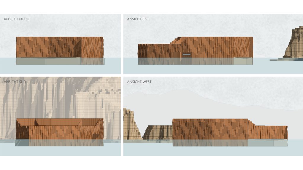 Vier architektonische Aufrisszeichnungen zeigen Sarah Klinkes modernes, rechteckiges, schwimmendes Museum mit einer braunen, strukturierten Fassade vor einem bergigen Hintergrund und teilweise von Wasser umgeben.