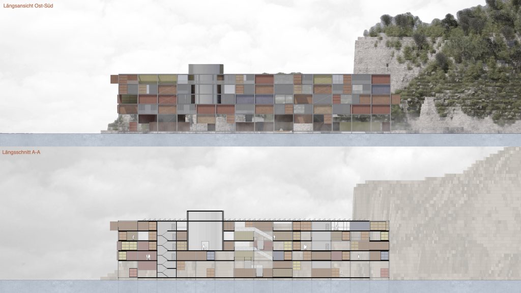 Grundriss- und Schnittzeichnungen des Mare Nostrum Museums in Containern, eines rechteckigen, mehrstöckigen Gebäudes mit gitterartiger Fassade, das in Archicad erstellt wurde und sich in einen felsigen, bewachsenen Hang einfügt.