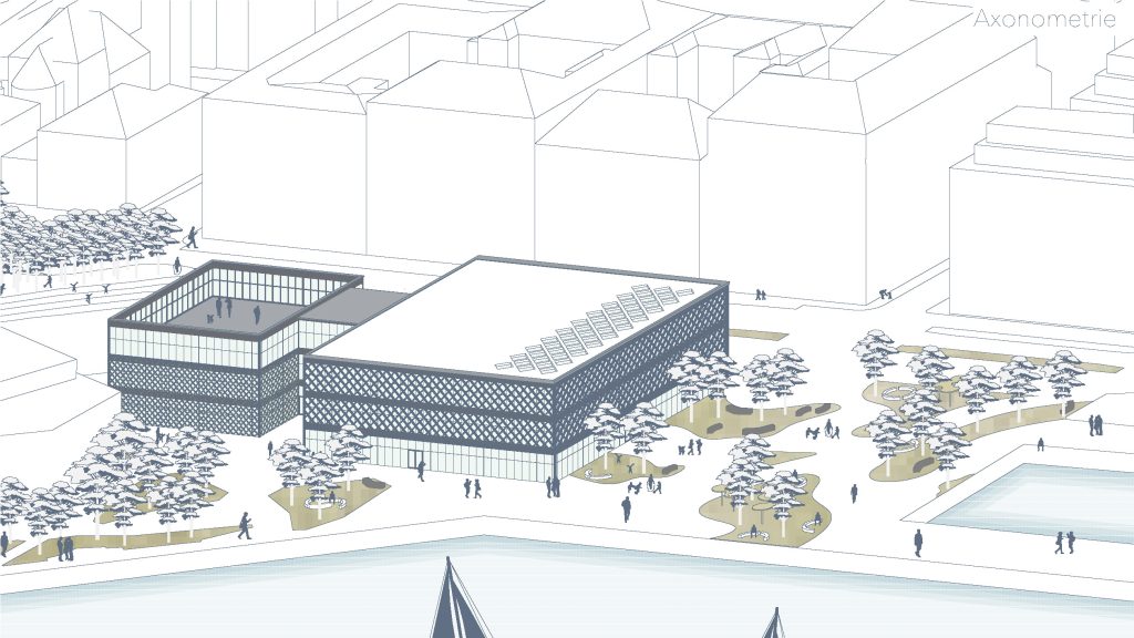 Axonometrische Illustration eines modernen Gebäudes mit Flachdach, inspiriert von The Three Volumes, mit einem angrenzenden Platz mit Bäumen und Spaziergängern in einem offenen städtischen Bereich, erstellt mit Archicad.
