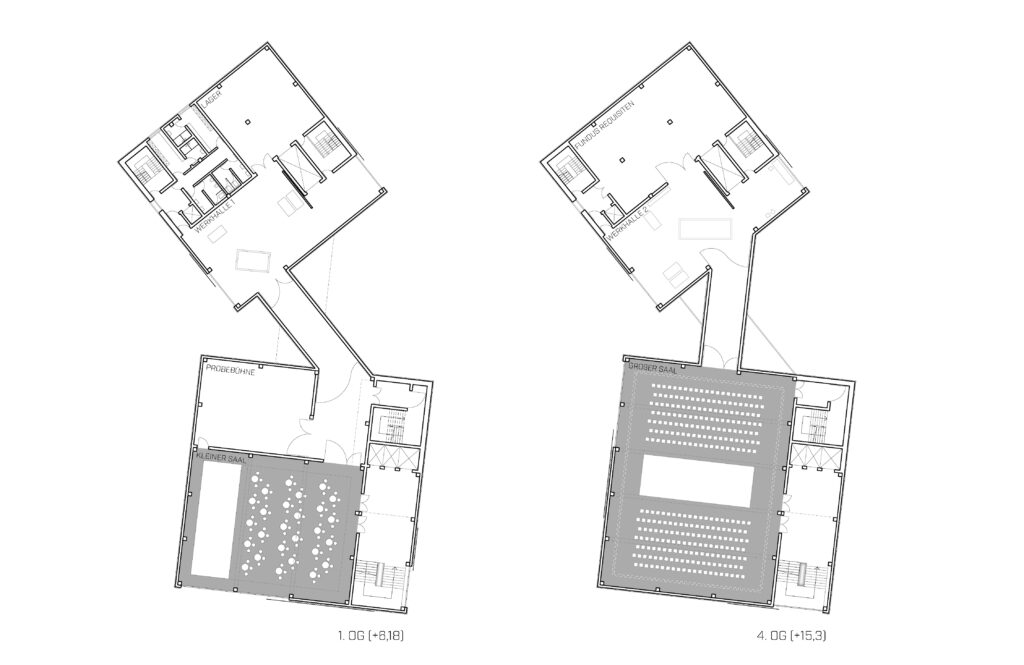 Der mit Archicad erstellte Grundriss zeigt zwei nebeneinanderliegende Gebäudeteile, die durch einen Korridor miteinander verbunden sind. Der linke Teil bietet Büros und einen Gemeinschaftsbereich, während der rechte Teil eine großzügige Sitzgruppe bietet, die an das Duisburger Hafentheater erinnert.