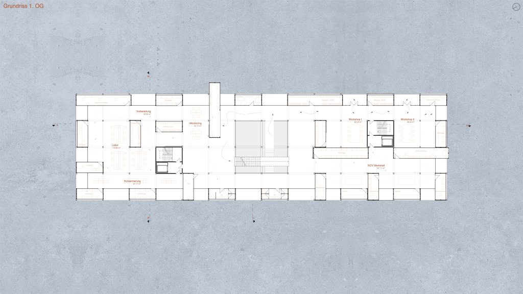 Architektonischer Grundriss eines rechteckigen Gebäudes, entworfen in Archicad, mit beschrifteten Räumen und zentralen offenen Bereichen - ideal für die Präsentation von Konzepten wie Museum in Containern. Angezeigt auf einem grauen, strukturierten Hintergrund.