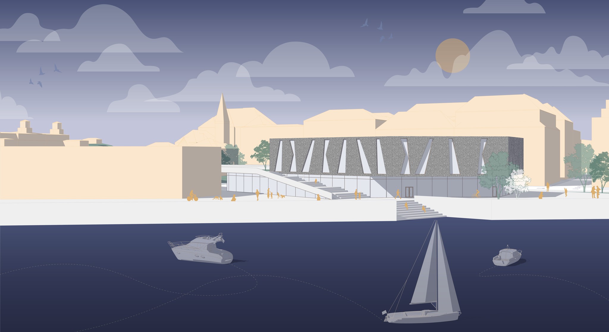 Illustration eines modernen Gebäudes am Wasser mit kantigen Säulen vor einer Stadtkulisse; im Vordergrund gleiten Boote und ein Segelboot über das Wasser - die perfekte Inspiration für den Modeling Monday oder Ihr nächstes Archicad-Projekt.