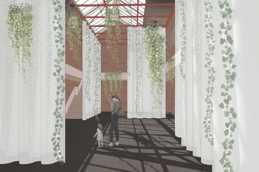 Eine Person und ein Kind gehen durch einen geräumigen Raum mit Backsteinwänden, weißen Vorhängen, Oberlichtern und hängenden grünen Ranken, die eine heitere Szene hervorrufen, die sich perfekt für die Inspiration zum Modeling Monday von Pia Thöne in Archicad eignet.