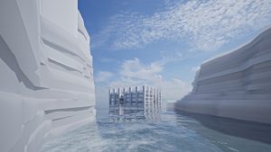 Ein modernes, weißes, gitterförmiges Gebäude, entworfen von Philipp Stanny, liegt auf dem ruhigen Wasser zwischen zwei großen, geschichteten, weißen Felsenformationen unter einem teilweise bewölkten Himmel.