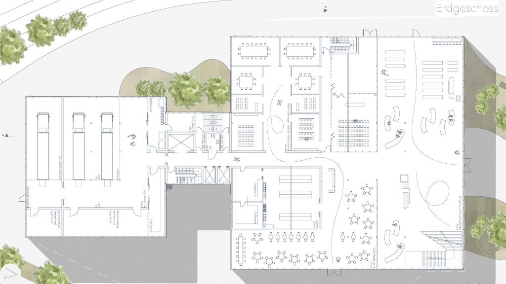 In Archicad erstellter architektonischer Grundriss, der verschiedene Räume und Bereiche - darunter Klassenzimmer, Sitzbereiche und eine Garage - mit Bäumen und Wegen im Außenbereich zeigt, inspiriert von The Three Volumes.