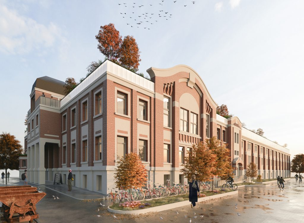 Ein großes Backsteingebäude mit gewölbten Fenstern, Bäumen auf dem Dach und geparkten Fahrrädern steht auf einer nassen Straße mit verstreuten Menschen und Herbstlaub - entworfen von Maximilian Hofmann mit Archicad bei Das Wandelwerk.