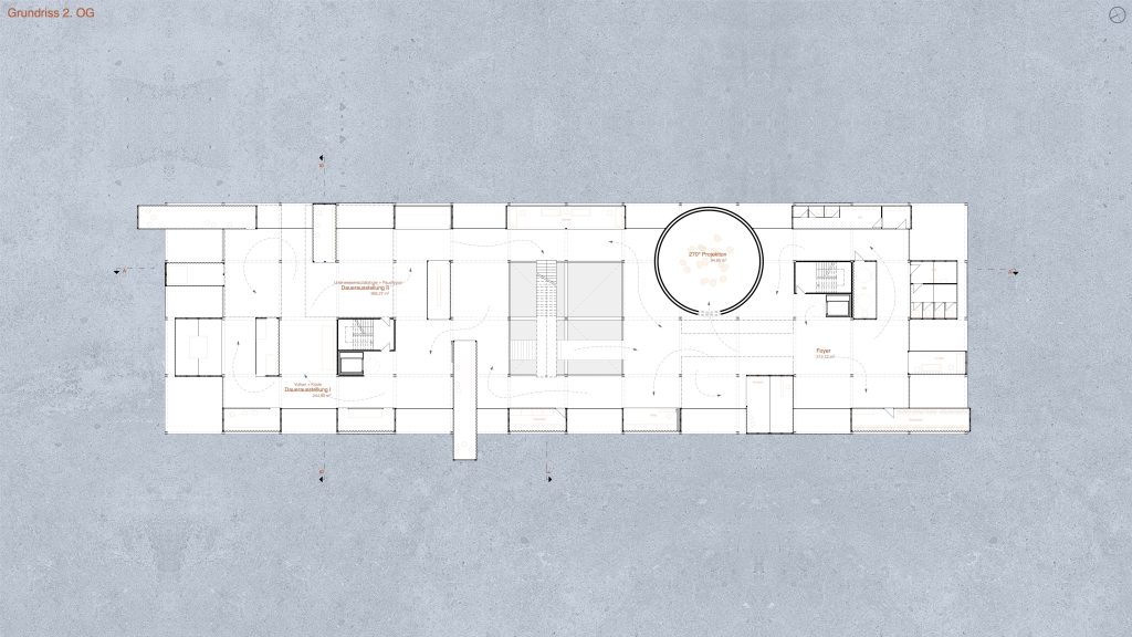 Architektonischer Grundriss eines rechteckigen Gebäudes mit verschiedenen Räumen, Korridoren und einem großen kreisförmigen Element in der Mitte, entworfen in Archicad und vor einem grauen, strukturierten Hintergrund.