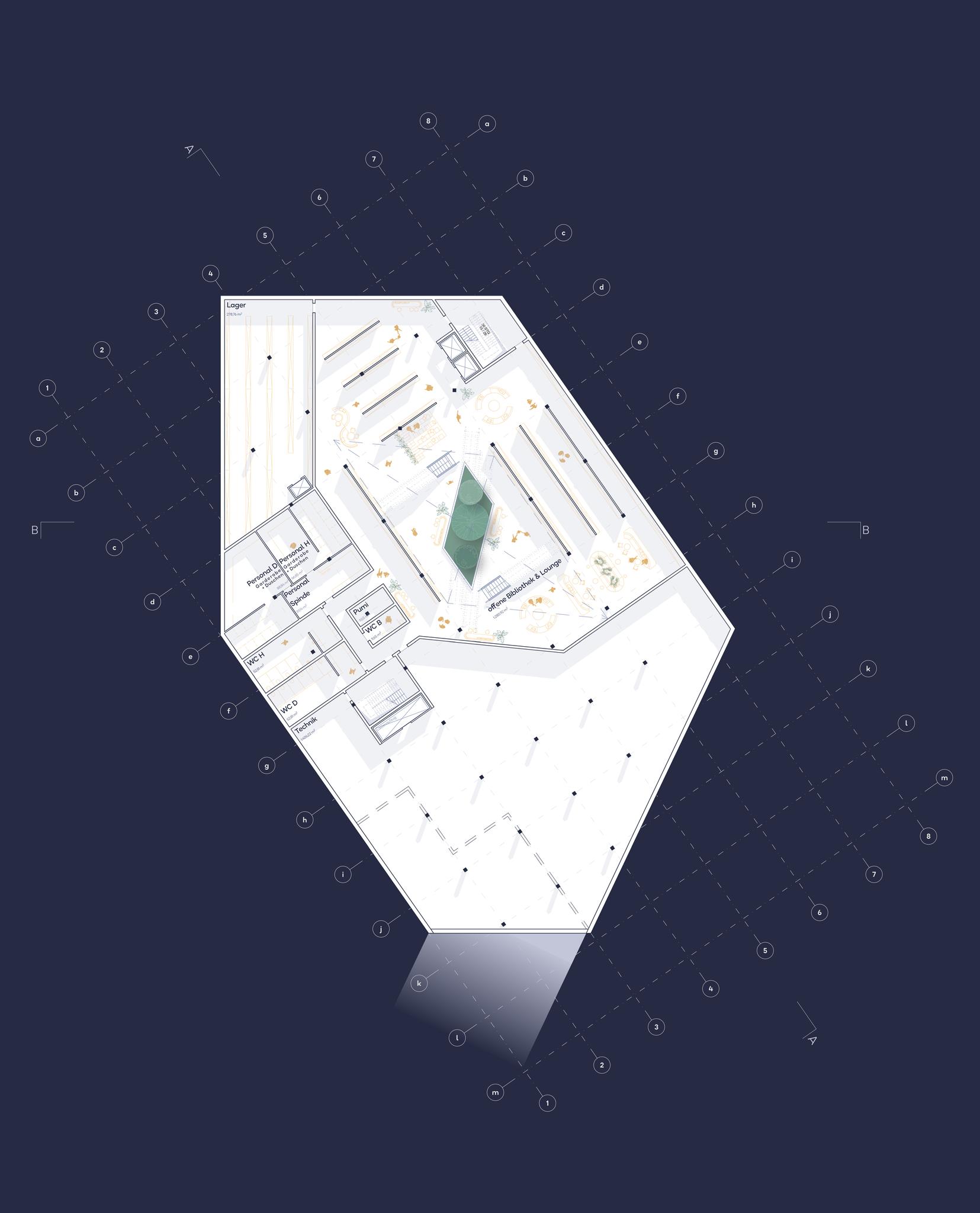 Axonometrischer Grundriss von THE CROSSPOINT auf dunkelblauem Hintergrund, erstellt in Archicad von Louisa Timpel, mit Räumen, Korridoren, strukturellem Raster und einer zentralen grünen Struktur.