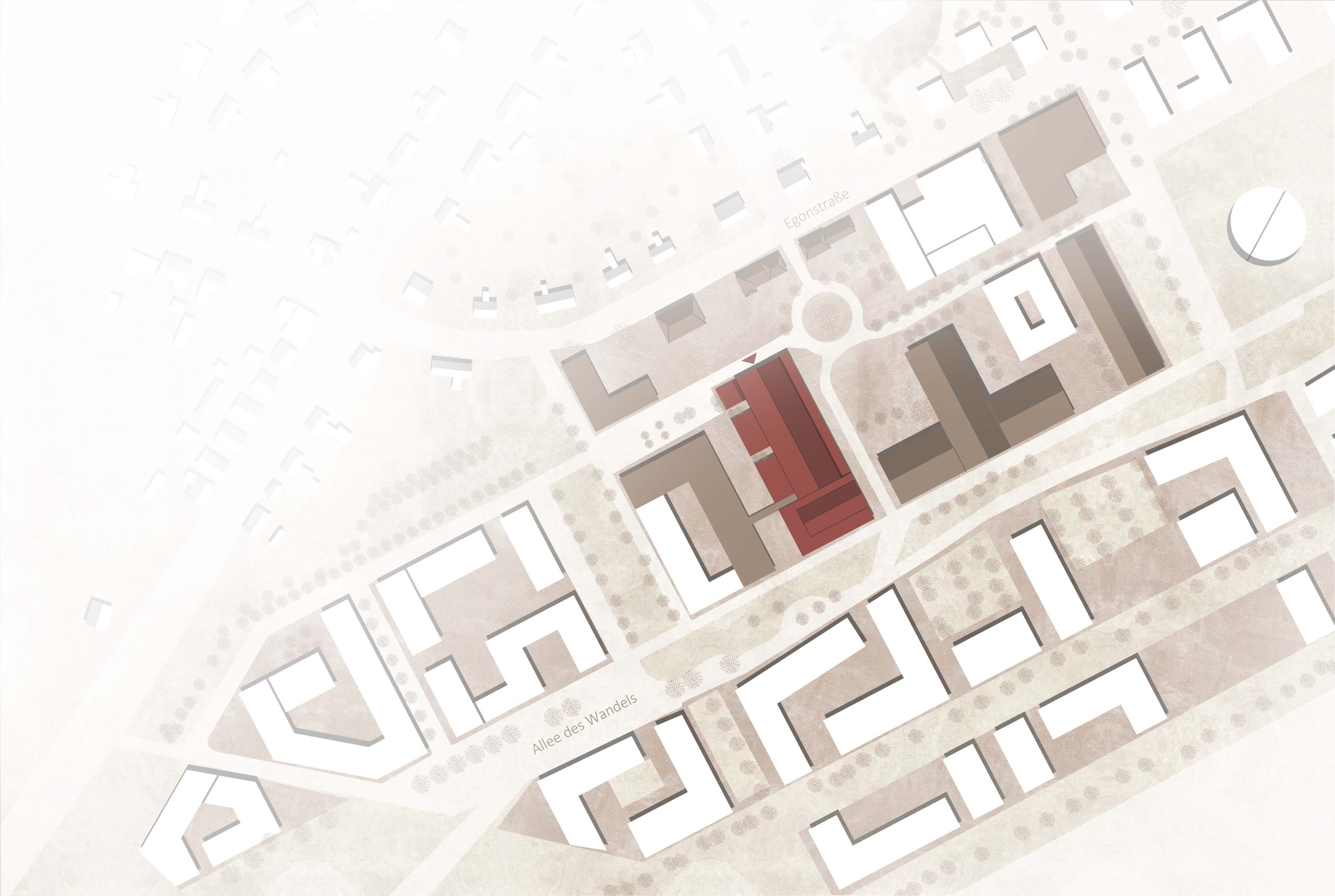 Luftaufnahme eines von Pia Thöne in Archicad modellierten architektonischen Lageplans mit verschiedenen beigen und braunen Gebäuden; ein rot hervorgehobenes Gebäude sticht in der Nähe eines Kreisverkehrs zwischen Straßen und Grünflächen hervor.