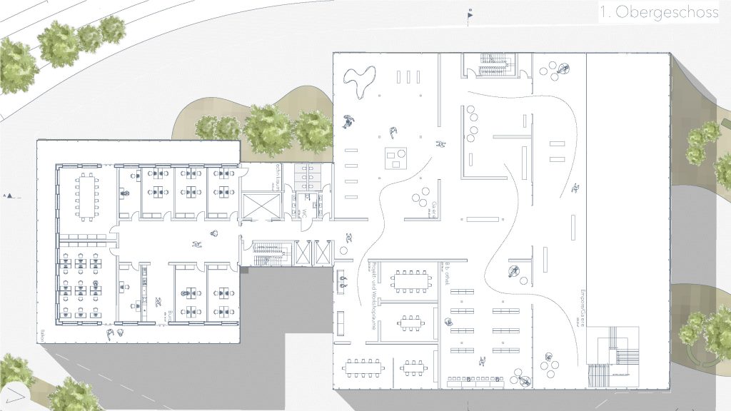 In Archicad erstellter architektonischer Grundriss, der ein großes Gebäude mit verschiedenen Räumen, Schreibtischen und offenen Bereichen inmitten von Wegen und Bäumen zeigt. Das "1. Obergeschoss" (erstes Obergeschoss) hebt die drei von Viviane Krause entworfenen Volumen hervor.