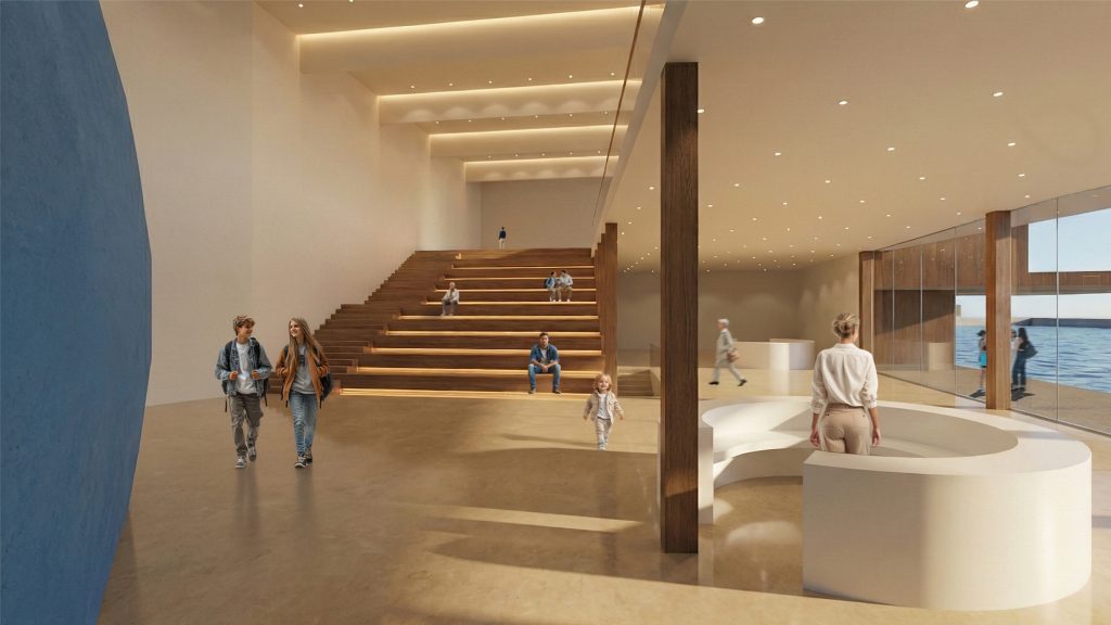 Geräumige, moderne Lobby mit Holz und weißen Oberflächen, entworfen von Sarah Klinke in Archicad, mit abgestuften Sitzgelegenheiten aus Holz, einem geschwungenen Empfangstresen, großen Fenstern und mehreren Personen, die gehen oder sitzen.