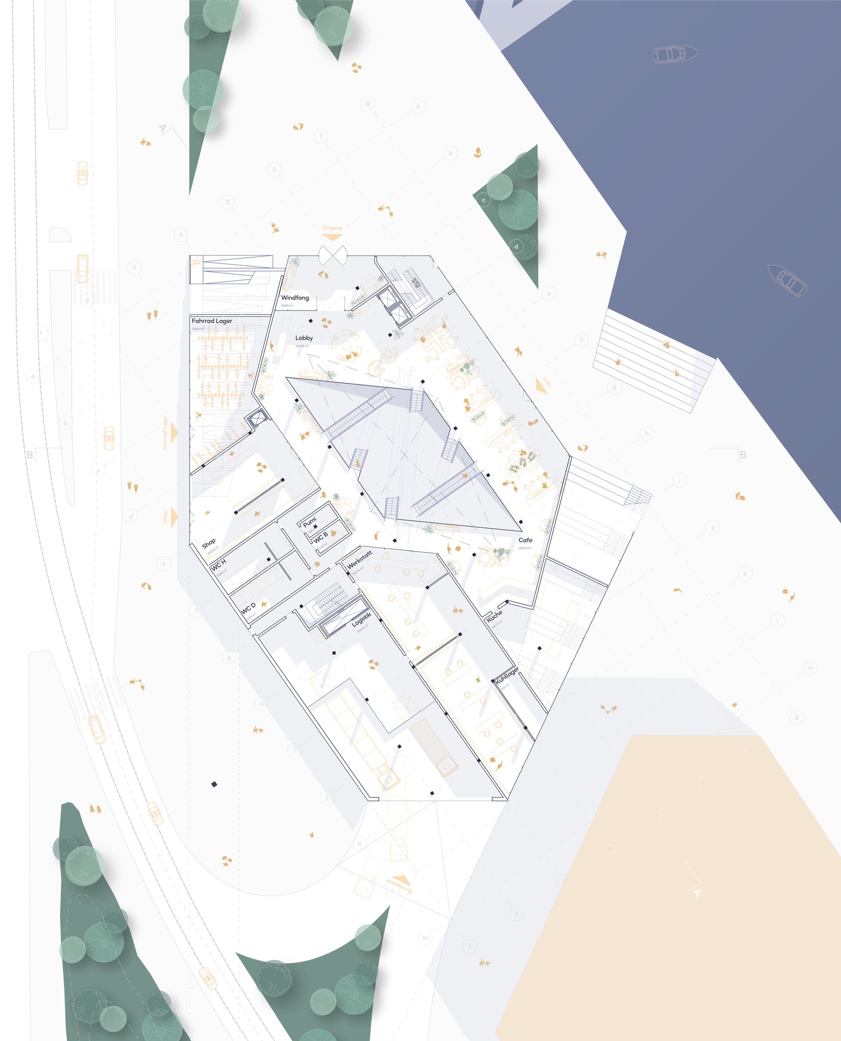 Architektonischer Grundriss eines polygonalen Gebäudes, umgeben von Bäumen, Wasser mit Booten und Wegen, dargestellt aus einer Top-Down-Perspektive - die perfekte Inspiration für Modeling Monday mit Louisa Timpel in Archicad.