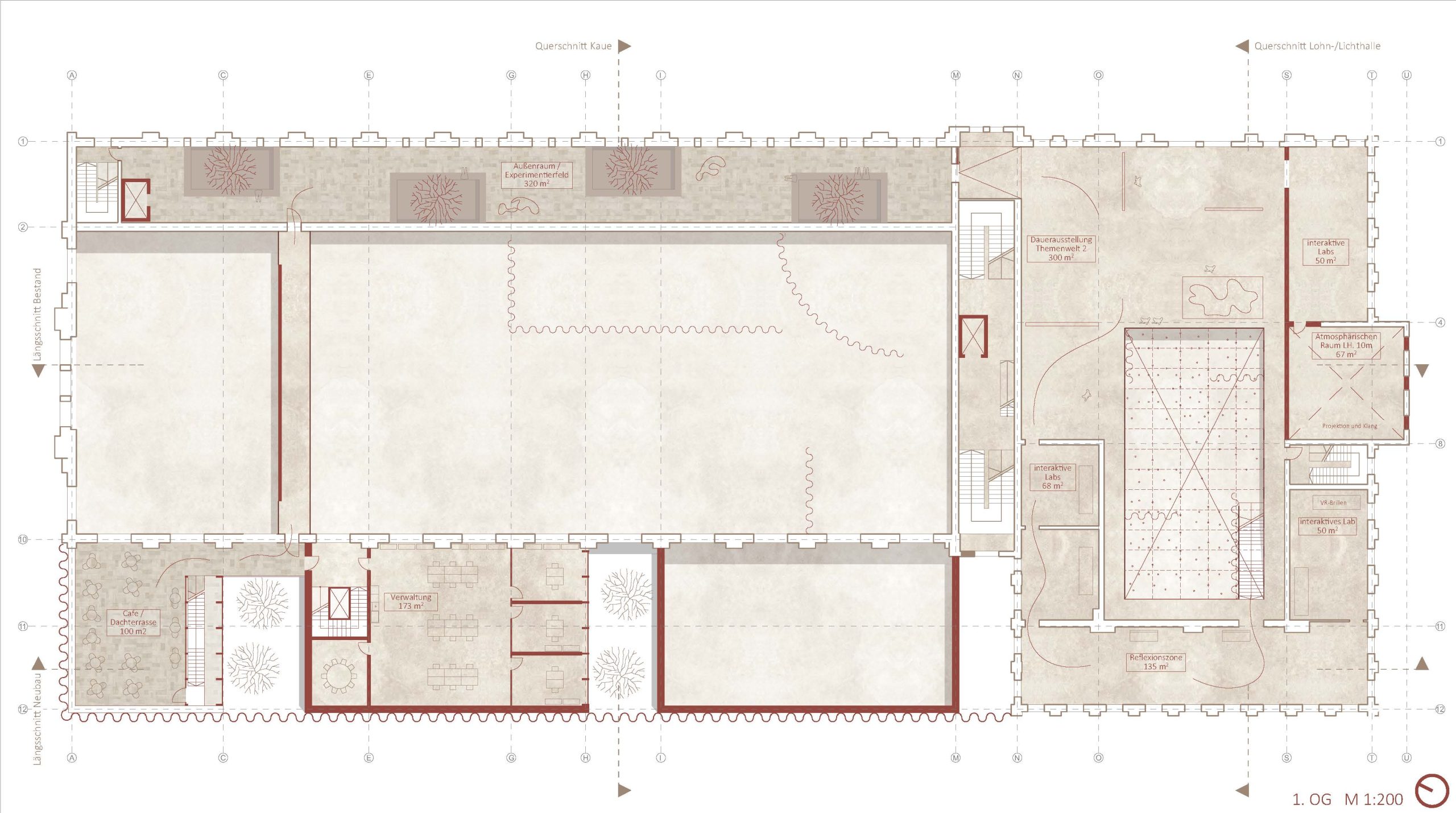 In Archicad erstellter architektonischer Grundriss, der Räume, Türen, Treppen und Landschaftsdetails auf einer einzigen Ebene zeigt, mit Anmerkungen und Messungen im gesamten Layout.