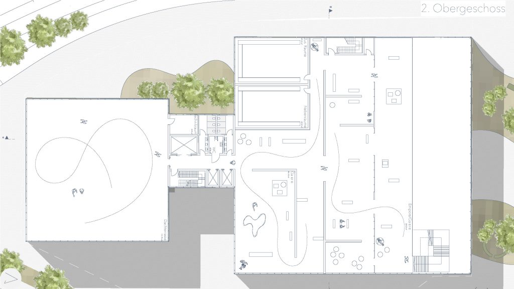 In Archicad erstellter architektonischer Grundriss, der das zweite Obergeschoss eines Gebäudes mit bestimmten Räumen, Wegen, Möbeln und umliegenden Bäumen zeigt.