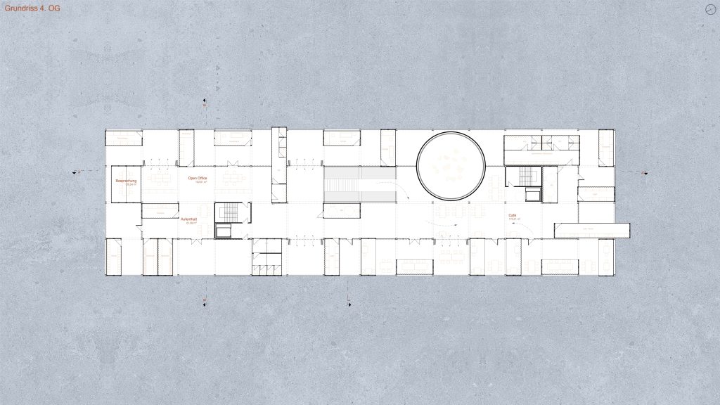 Architektonischer Grundriss eines rechteckigen Gebäudes, entworfen in Archicad für das Museum in Containern, mit mehreren Räumen, Korridoren, Treppen und einem zentralen kreisförmigen Bereich, dargestellt auf einem grau strukturierten Hintergrund.