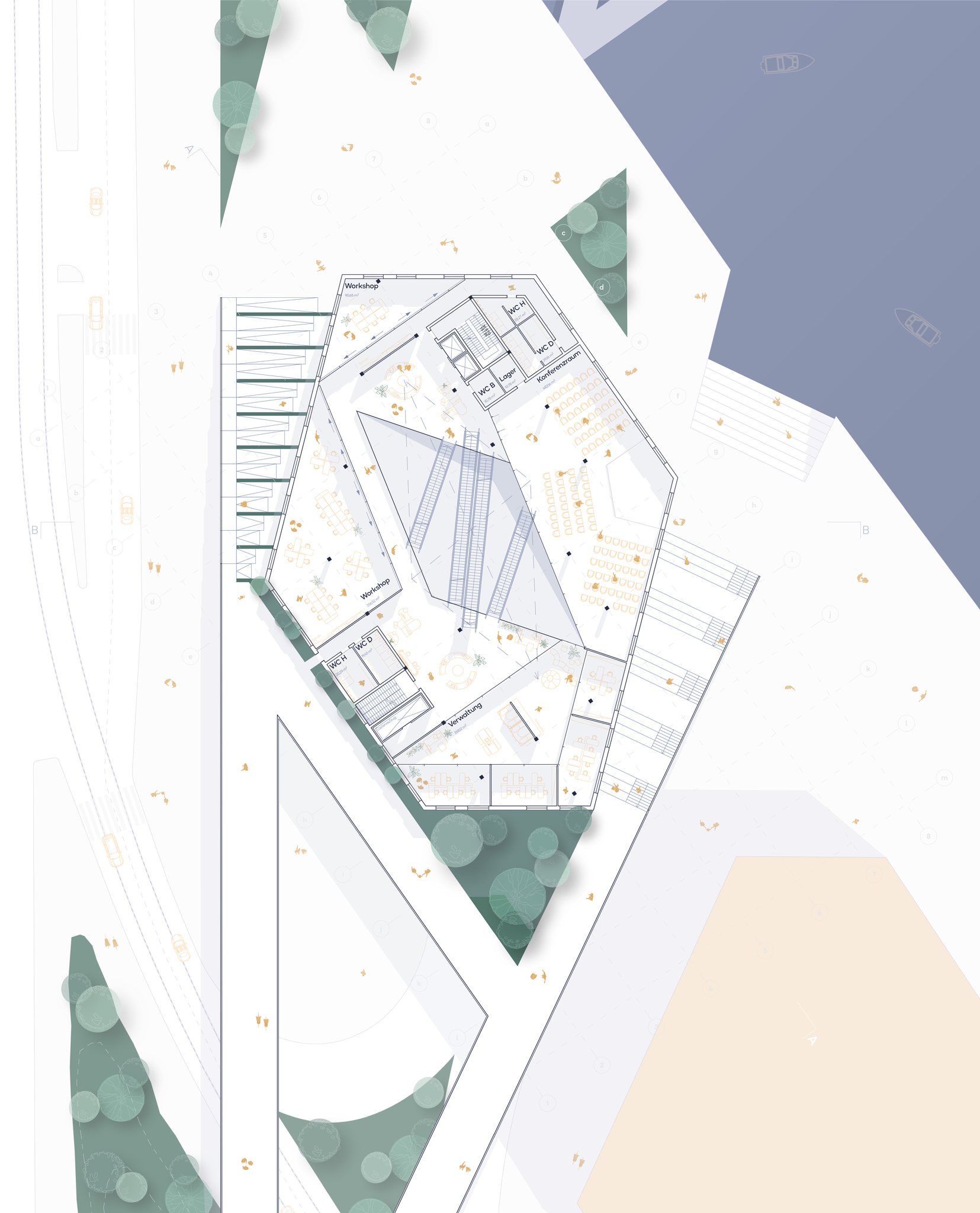 Architektonischer Lageplan eines mehrseitigen Gebäudes in Wassernähe, entworfen in Archicad, mit Darstellung der Innenausstattung, der umliegenden Bäume, Wege und Boote auf der angrenzenden blauen Fläche. #ModelingMonday mit Louisa Timpel.