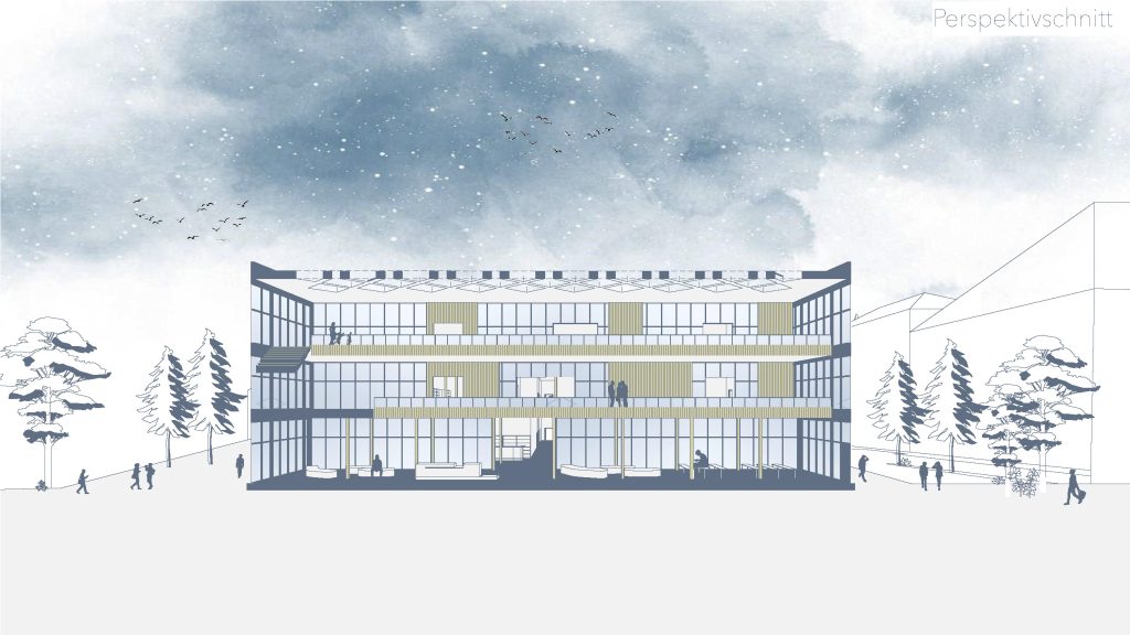 Architektonischer Querschnitt eines dreistöckigen modernen Gebäudes, erstellt in Archicad für Modeling Monday, mit Menschen, Bäumen und Vögeln unter einem bewölkten Himmel - eine inspirierende Szene von Viviane Krause.