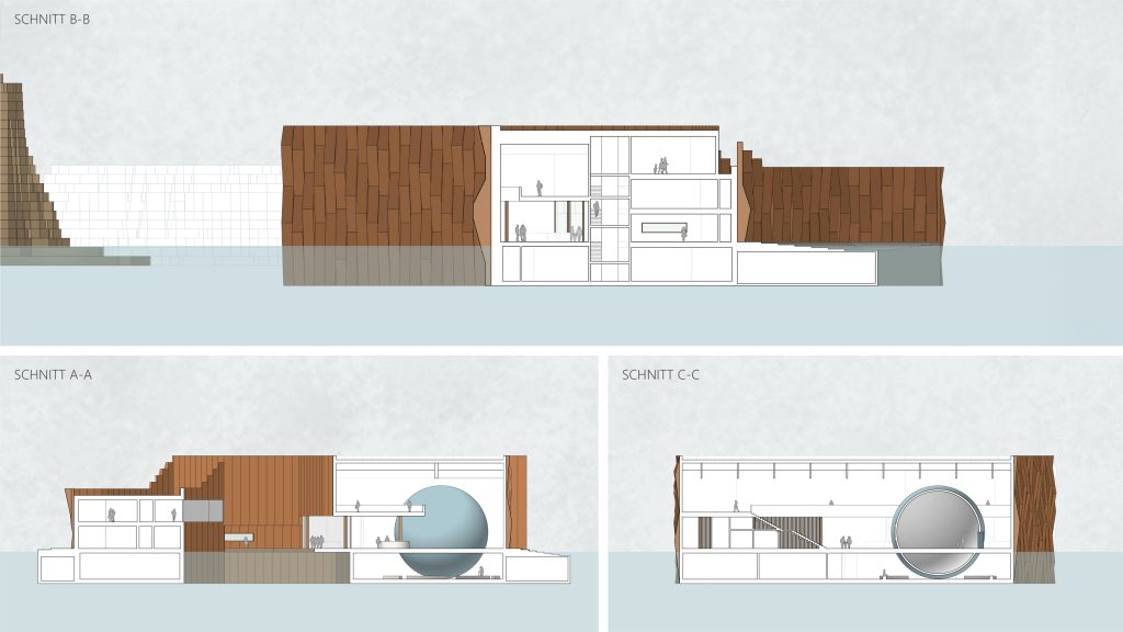 Architektonische Schnittzeichnungen eines modernen Gebäudes am Wasser, möglicherweise ein schwimmendes Museum, zeigen Holz- und Glaselemente, große runde Fenster und mehrere Innenebenen - wunderschön gerendert mit Archicad.