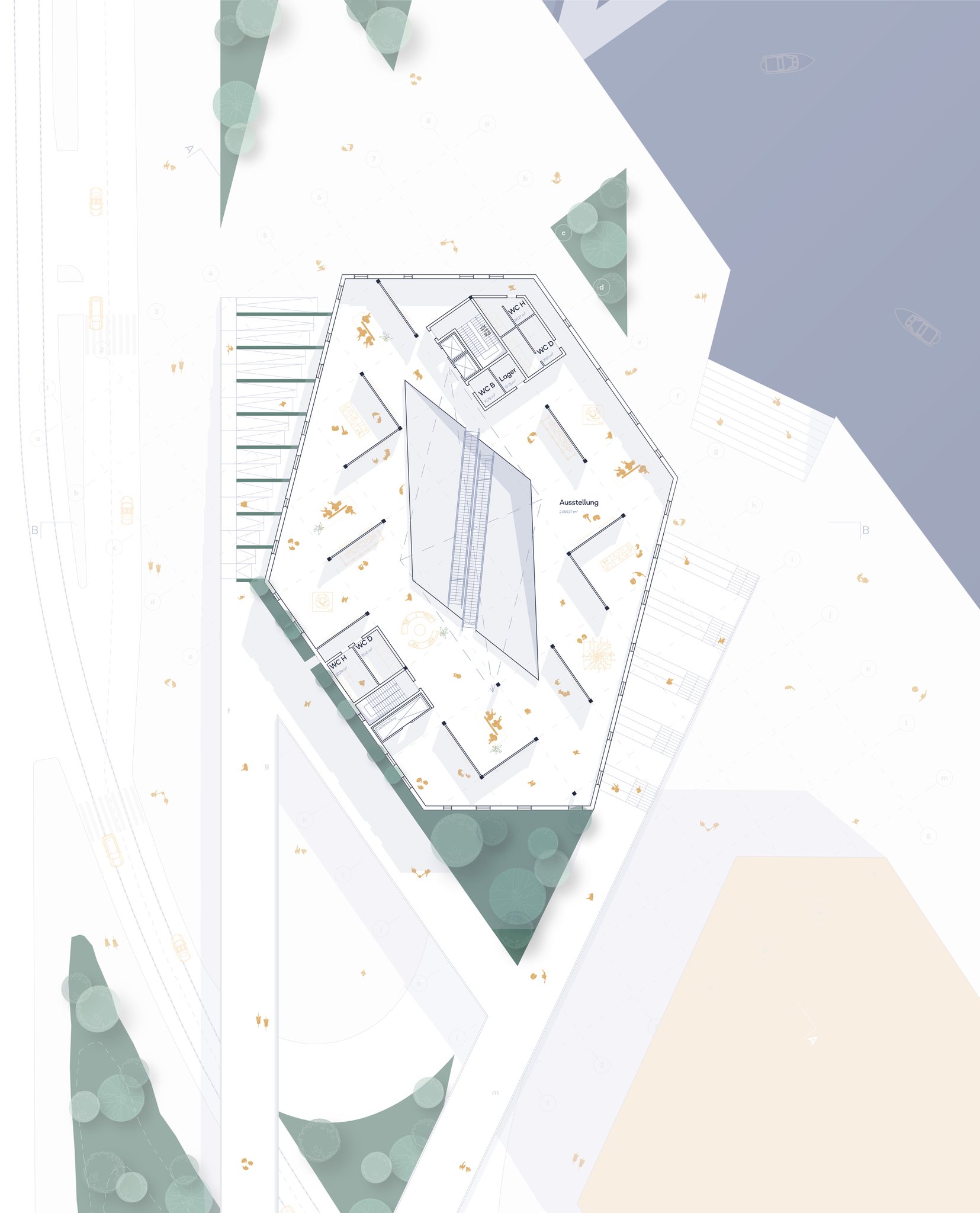Architektonischer Lageplan von Louisa Timpel, der ein sechseckiges Gebäude mit umgebenden Bäumen, Gehwegen, Parkplätzen und einem angrenzenden Gewässer mit kleinen Booten zeigt - entworfen mit Archicad for Modeling Monday inspiration.