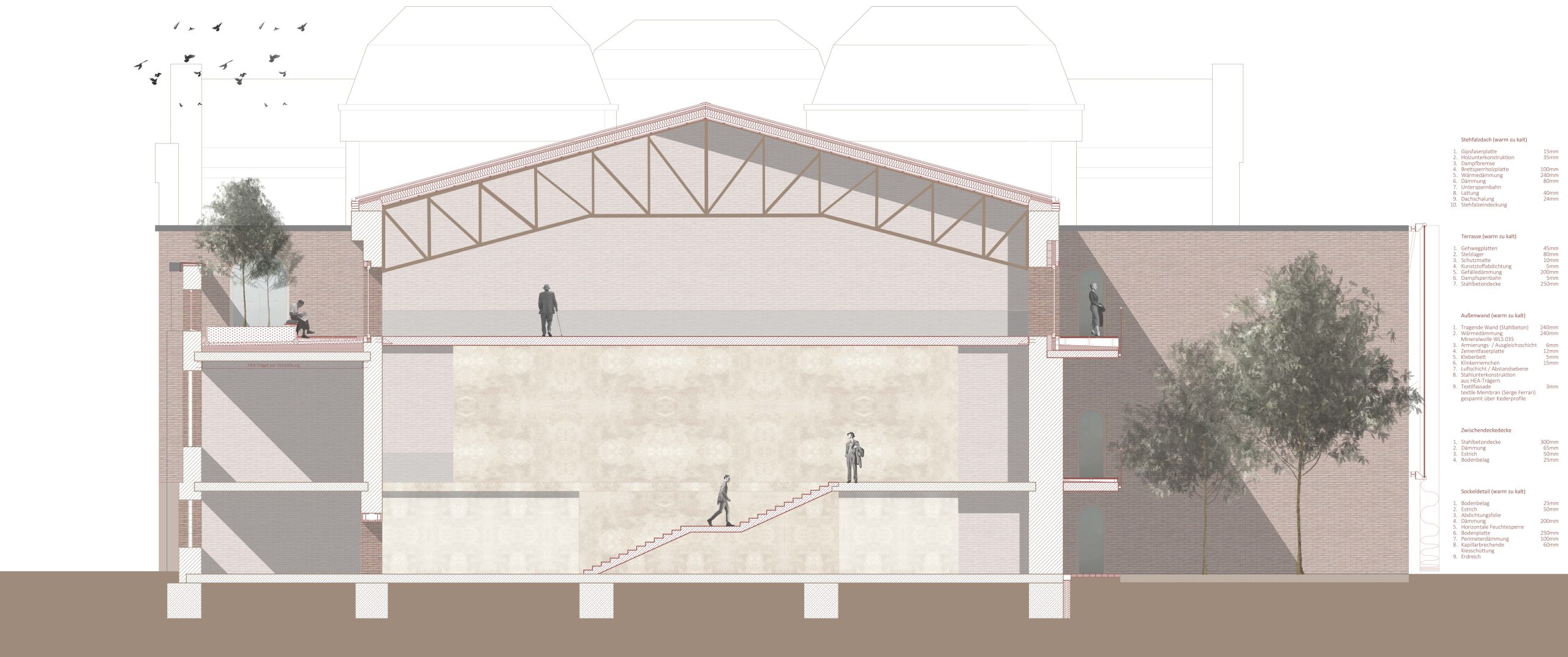 Architektonische Schnittzeichnung eines Gebäudes mit sichtbaren Dachstühlen, Treppen, Bäumen und Silhouetten von Personen, die in verschiedenen Bereichen interagieren, erstellt in Archicad als Teil der Modeling Monday Serie von Pia Thöne.