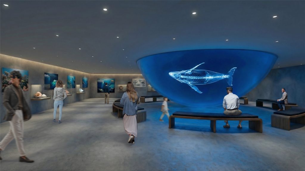 Man geht und sitzt in einem modernen Aquarienraum - Teil eines schwimmenden Museums, das in Archicad entworfen wurde - mit einem großen blauen Becken, in dem ein Walskelett-Hologramm zu sehen ist.