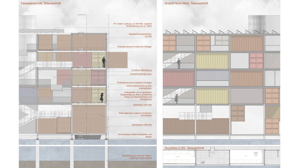 In Archicad erstellte architektonische Zeichnung, die einen Querschnitt und einen Aufriss eines mehrstöckigen Museums in Containern zeigt, das aus gestapelten Schiffscontainern gebaut wurde, mit beschrifteten Merkmalen und menschlichen Silhouetten als Maßstab.