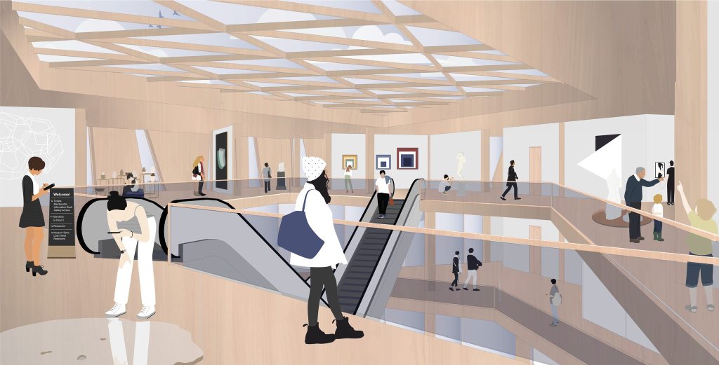 Digitale Illustration des Innenraums des modernen Kunstmuseums THE CROSSPOINT, mit Menschen, die Kunstwerke betrachten, spazieren gehen und Rolltreppen unter einer geometrischen Holzdecke benutzen, inspiriert von Louisa Timpel und visualisiert mit Archicad.
