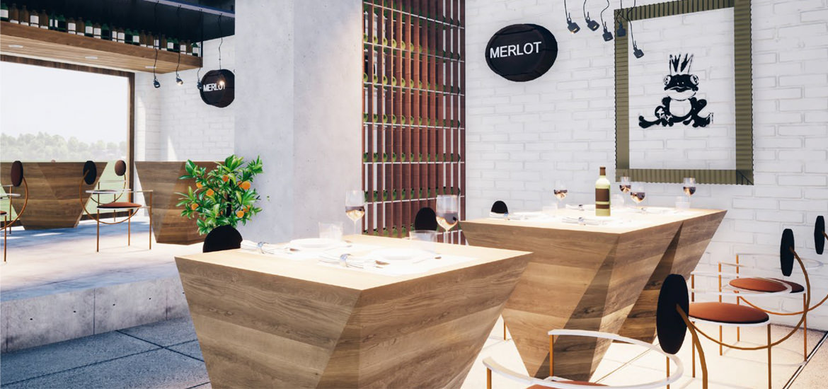 Eine 3D-Darstellung eines Restaurants mit Holztischen und Stühlen, erstellt mit ARCHICAD.