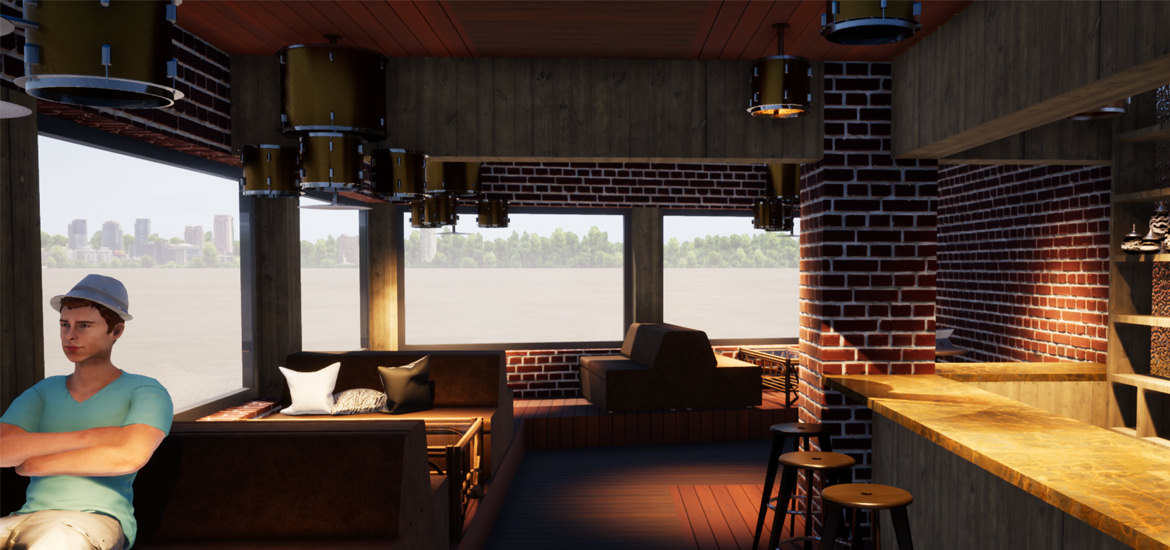 Ein 3D-modelliertes Bild eines Mannes, der in einer Bar sitzt, erstellt am Modeling Monday mit ARCHICAD.