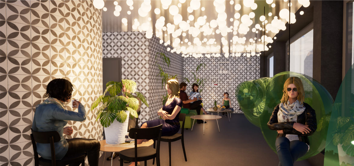 Eine 3D-Modellierung eines Cafés mit an Tischen sitzenden Personen, erstellt mit ARCHICAD 8/9.