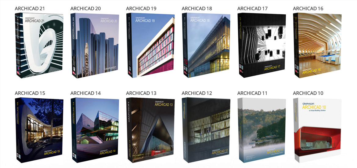 Auf weißem Hintergrund werden verschiedene Architekturbücher mit ARCHICAD 22 gezeigt.