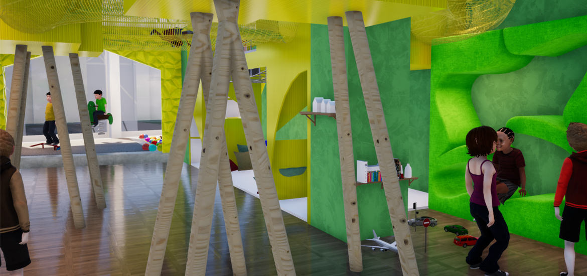 Ein Kinderspielplatz mit grünen und gelben Wänden, modelliert mit ARCHICAD 9/9.
