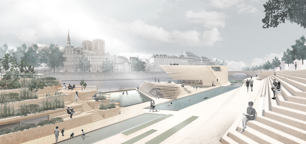 Eine künstlerische Darstellung eines Gebäudes mit Treppen und einem Fluss, erstellt mit ARCHICAD.