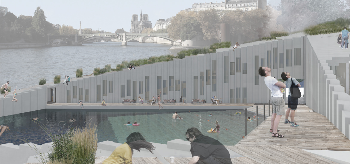 Eine künstlerische Darstellung eines Schwimmbades in Paris, erstellt mit ARCHICAD.