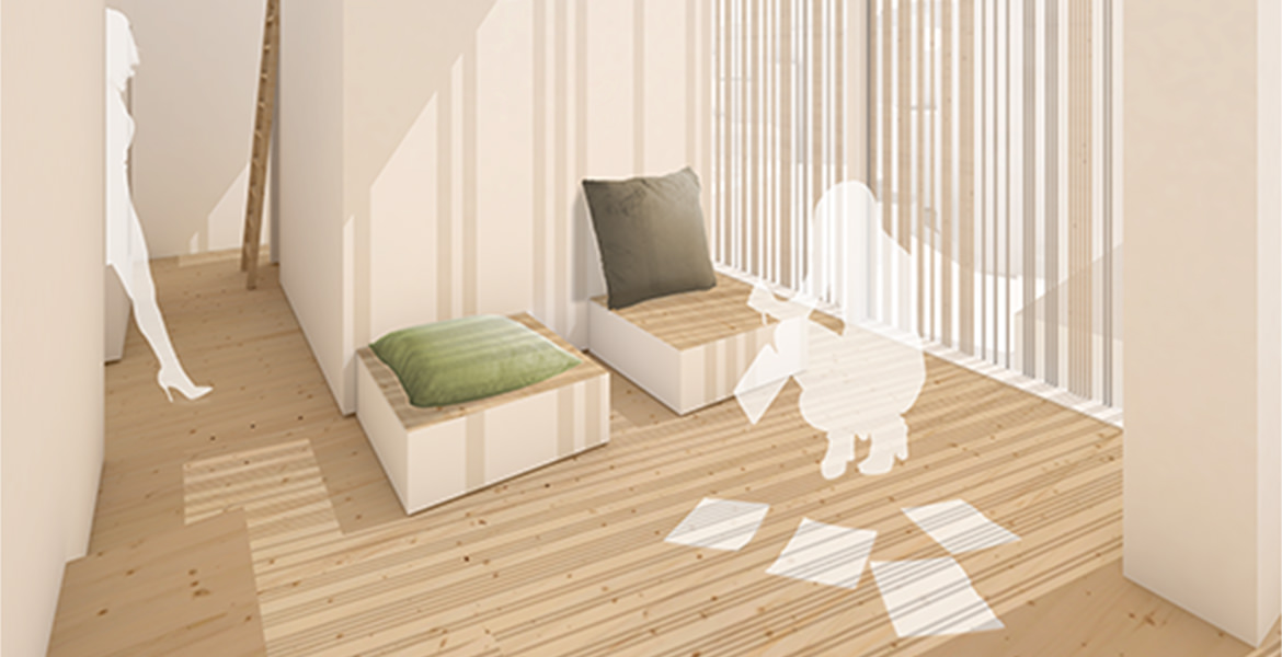 Eine 3D-Darstellung eines Zimmers mit einem Bett und einem Stuhl, erstellt mit ARCHICAD.