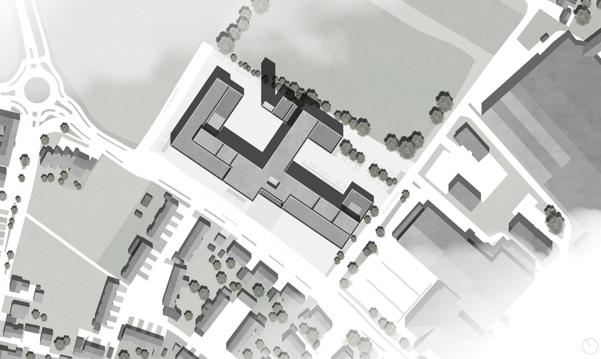 Eine Luftaufnahme eines Campus mit Gebäuden und Bäumen, die die Architekturmodellierung mit ARCHICAD veranschaulicht.