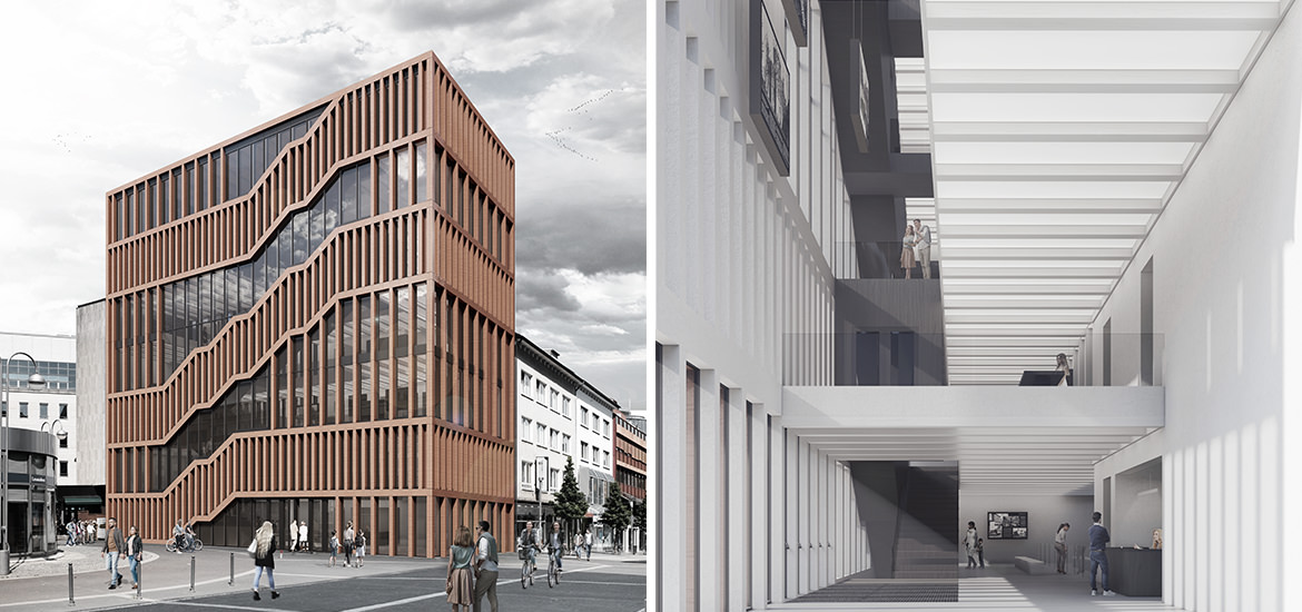 Modellierungsmontag mit ARCHICAD: Zwei Gebäude- und Straßenrenderings.