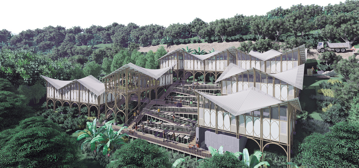 Eine künstlerische Darstellung eines Hauses im Dschungel, erstellt mit ARCHICAD-Modellierung.