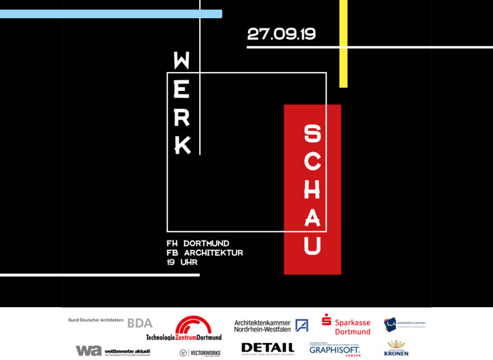 Ein Schwarz-Weiß-Plakat zur Absolventenfeier an der FH Dortmund mit den Worten werk und schau.