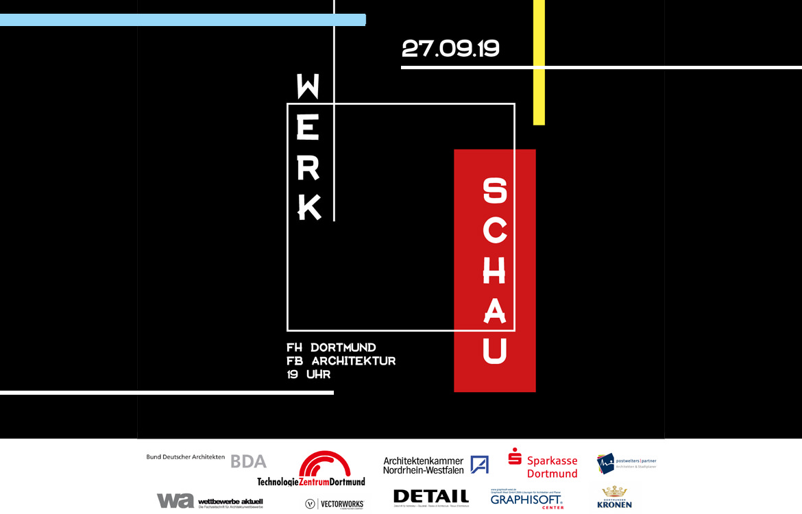 Ein Schwarz-Weiß-Plakat zur Absolventenfeier an der FH Dortmund mit den Worten werk und schau.