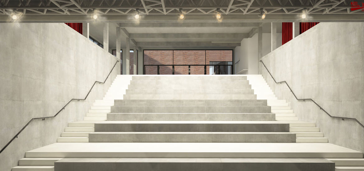 Eine 3D-Darstellung einer Treppe in einem Gebäude, erstellt mit ARCHICAD.