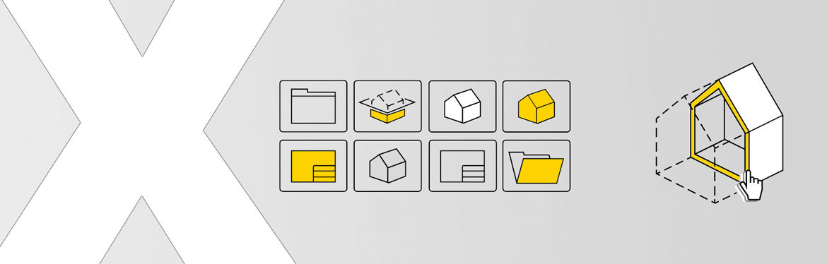 Eine gelb-weiße Illustration eines x mit überall und jederzeit Zugriff auf BIM-Projekte.