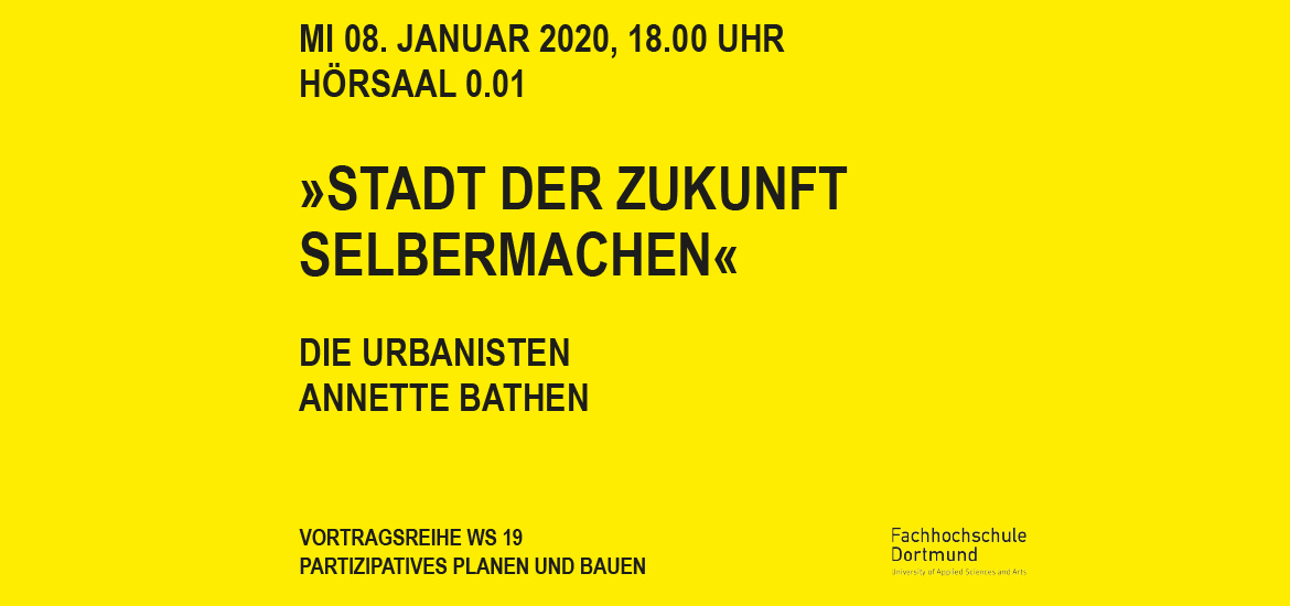 Ein Plakat für eine Architekturausstellung auf gelbem Hintergrund.