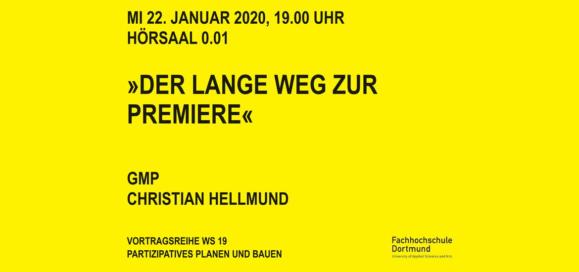 Ein gelbes Poster, das Sie einlädt, Teil der Veranstaltungsreihe-Premiere zu sein und den langen Weg der Architektur vorzustellen.