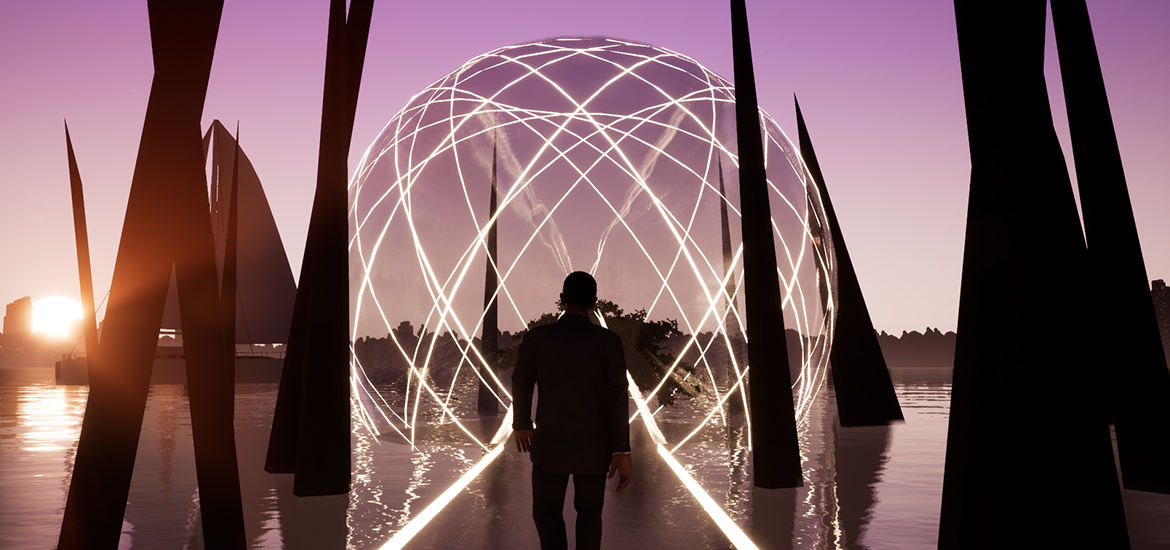 Ein Mann steht vor einer kreisförmigen Struktur, die mit ARCHICAD entworfen wurde.