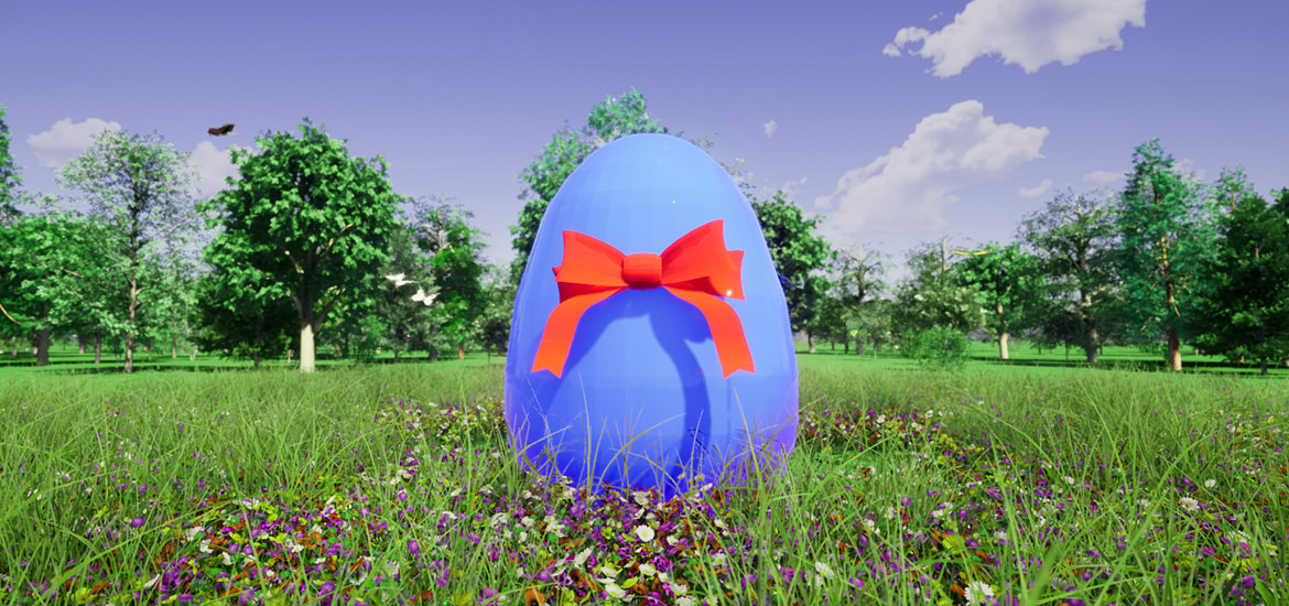 ARCHICAD-Ostereier! Ein festliches blaues Ei, geschmückt mit einer roten Schleife, sticht auf einer üppigen Wiese hervor.