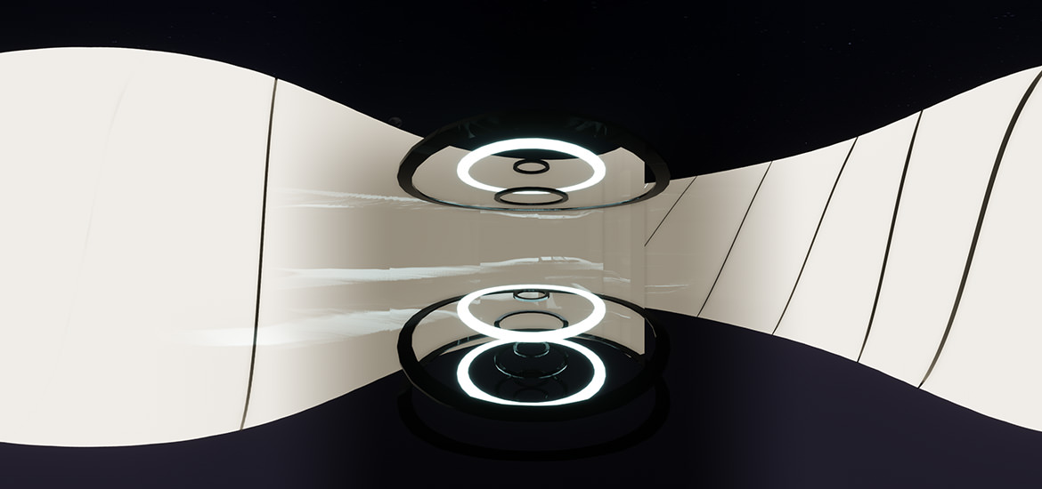 Ein Schwarz-Weiß-Bild eines kreisförmigen Objekts in einem dunklen Raum, aufgenommen mit ARCHICAD.